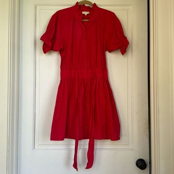 New Without Tag Red Cotton Puff Sleeve Drop Waist Dress With Sash By Stark - Picture 1 of 6